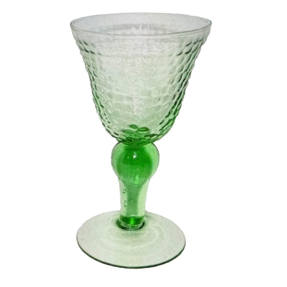 Vintage Green Dimpled Honeycomb Glass Wine Goblet - Hand Blown EUC